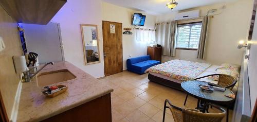 Aloni - Guest house Dead Sea في نيفيه زوهار: غرفة مع مطبخ وغرفة معيشة