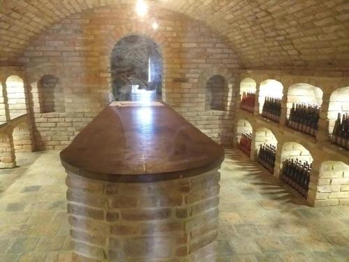 une grande chambre avec une table en bois dans un bâtiment dans l'établissement Penzion Šedivý, à Strachotín