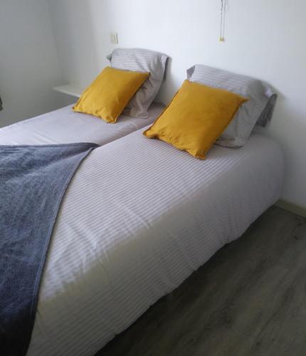 two beds with yellow pillows in a room at De Verloren Gernoare in De Panne