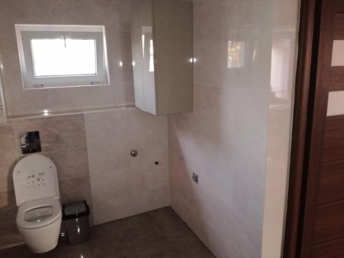 a small bathroom with a toilet and a window at Apartament u Wioli in Okleśna
