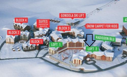 a rendering of a ski resort in the snow at New Gudauri Loft 2 - "Mano", near ski lift Gondola in Gudauri
