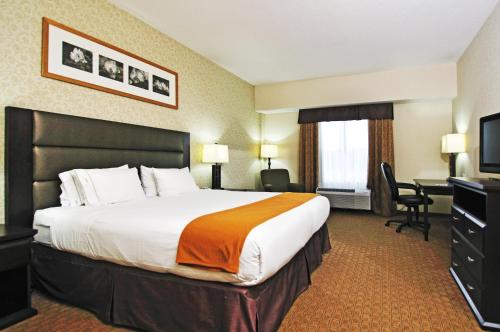 Pokój hotelowy z dużym łóżkiem i biurkiem w obiekcie Holiday Inn Express Hotel & Suites Ottawa Airport, an IHG Hotel w mieście Ottawa