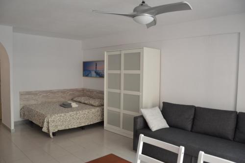 salon z kanapą i łóżkiem w obiekcie Marconi Anis Primera Linea w mieście Benidorm