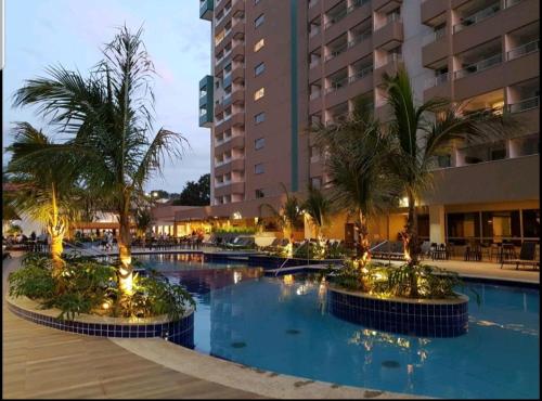 een zwembad met palmbomen en een hotel bij Apartamento em Resort de Oli­mpia in Olímpia