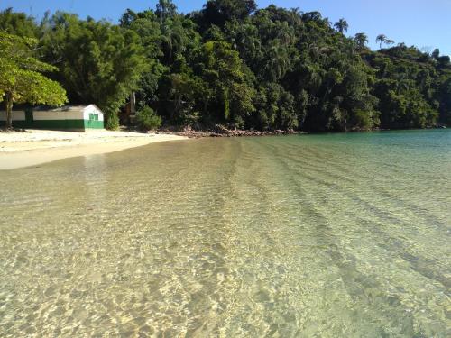 a beach with clear water and trees in the background at Vale do Pontal Angra Suites in Angra dos Reis