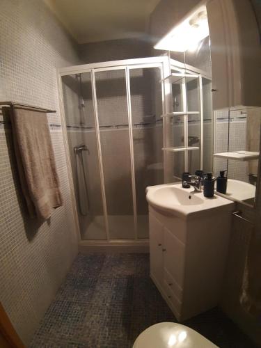 a bathroom with a shower and a sink and a toilet at Casa do Pelourinho in Vouzela