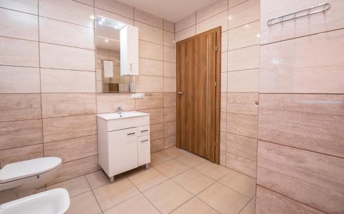 een badkamer met een toilet, een wastafel en een spiegel bij Apartamenty ZYGFRYD 28C/3/3 in Bystrzyca Kłodzka