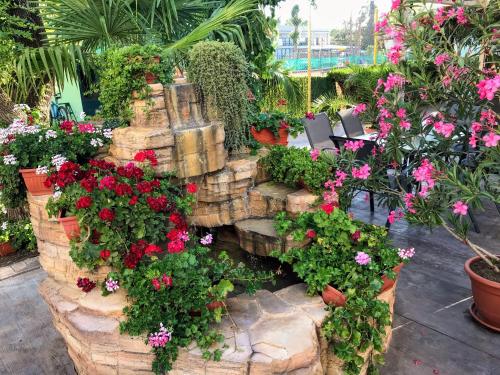 a garden with flowers and plants in pots at Oleander House and Tennis Club in Sunny Beach