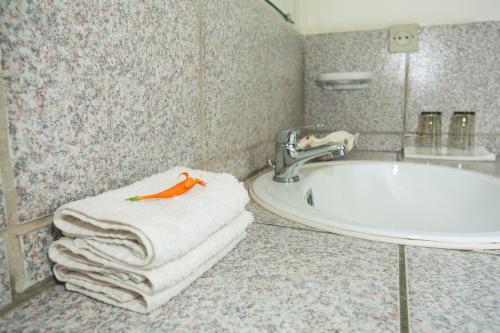 y baño con lavabo, bañera y toallas. en Tsara Guest House, en Fianarantsoa