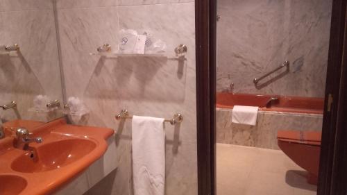 a bathroom with a sink and a toilet and a shower at Balneario de Ledesma in Vega de Tirados