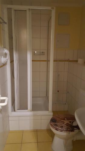 a bathroom with a shower and a toilet and a sink at Loui´s FeWo Wiek in Wiek auf Rügen 