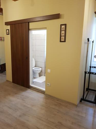La salle de bains est pourvue de toilettes par une porte coulissante. dans l'établissement Weiss House, à Braşov