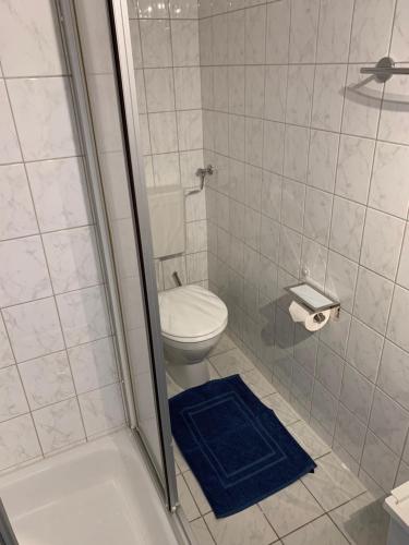 bagno con doccia, servizi igienici e tappeto blu di Ferienwohnung Giacomelli 3 a Rottach-Egern