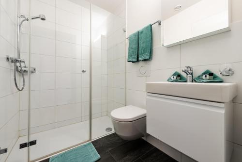 La salle de bains est pourvue de toilettes, d'une douche et d'un lavabo. dans l'établissement Hotel Rubus, à Effretikon