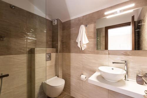 W łazience znajduje się umywalka, toaleta i lustro. w obiekcie Anatoli Villa, Tranquil Retreat, By ThinkVilla w mieście Orthés