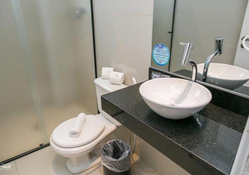 ein Badezimmer mit einem Waschbecken, einem WC und einem Spiegel in der Unterkunft Primar Plaza Hotel in Botucatu