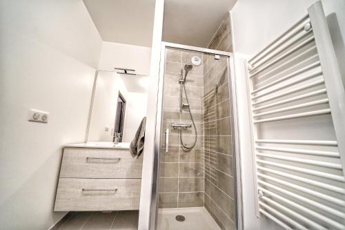 a bathroom with a shower and a sink at LE COCON TRESUM - Lac, Vieille ville, Garage in Annecy