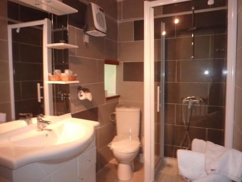 La salle de bains est pourvue de toilettes, d'un lavabo et d'une douche. dans l'établissement La maison d'Arnal, à Sainte-Énimie
