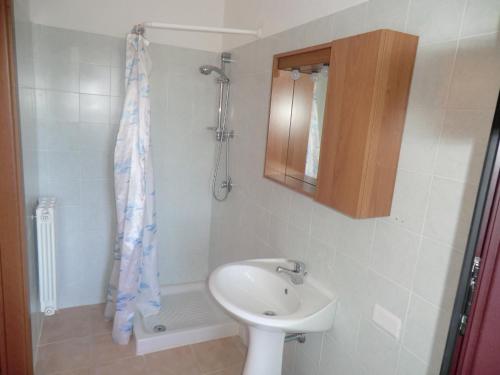 baño con lavabo y cortina de ducha en Agriturismo Lerno, en Pattada