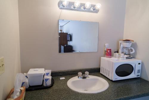 a bathroom with a sink and a microwave at Winds Motel in Montague