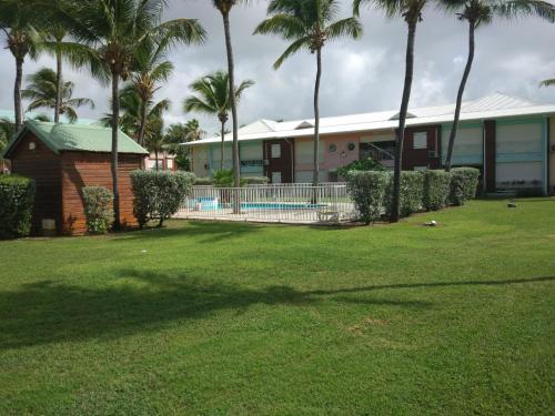 a house with palm trees in front of a yard at Appartement sur la plage, avec vue panoramique sur le lagon - IKABA in Saint-François