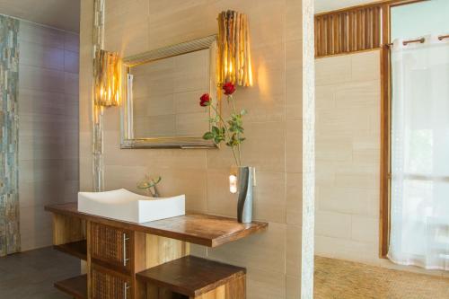 a bathroom with a sink and a mirror at Punta Duarte Garden Inn in Los Duarte