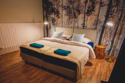 ein Schlafzimmer mit einem großen Bett mit zwei Kissen darauf in der Unterkunft Leśna Oaza in Borek