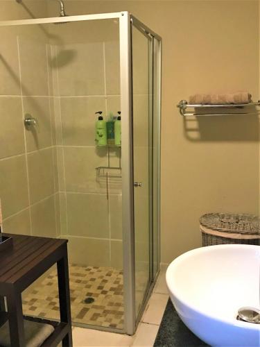 a bathroom with a glass shower and a sink at Nkumbe Bush Retreat Family Home in Ponta Malongane