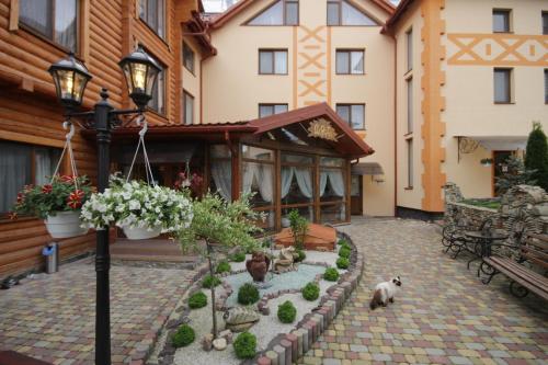 a cat sitting in the courtyard of a building at Dayarta in Skhidnitsa