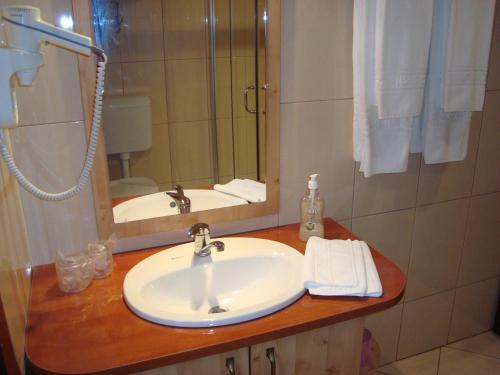 ein Bad mit einem Waschbecken und einem Spiegel in der Unterkunft Pensiunea Sapte Flori in Gheorgheni