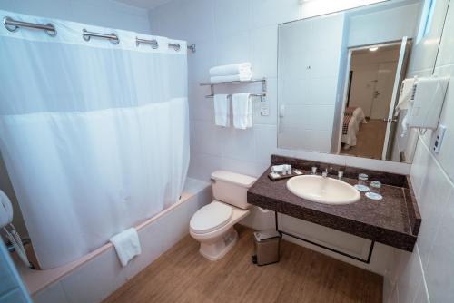 a bathroom with a toilet and a sink and a mirror at Costa del Sol Wyndham Chiclayo in Chiclayo