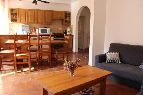 une cuisine et un salon avec une table et un canapé dans l'établissement Au Coeur de Rennes Gîte, à Rennes-les-Bains