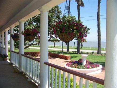 a porch with potted plants and flowers on it at The Peaceful Pelican LLC in Palacios