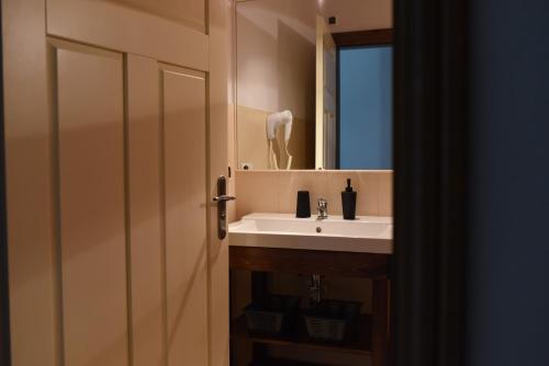 a bathroom with a sink and a mirror at Leśna Oaza in Borek