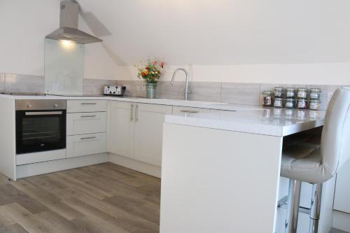 a white kitchen with a sink and a counter at The Iris in Criccieth