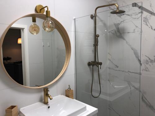ein Bad mit einem Waschbecken und einem Spiegel in der Unterkunft Apartament Smart in Stettin