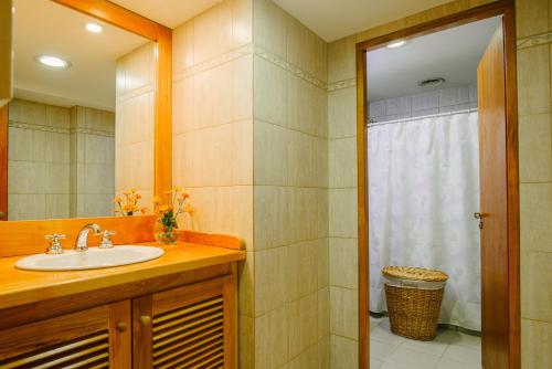 a bathroom with a sink and a mirror and a shower at Hotel Tierra del Fuego in Ushuaia