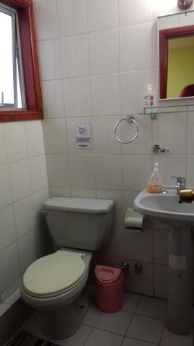 a bathroom with a toilet and a sink at Hostal El Toque de Pilar in Punta Arenas