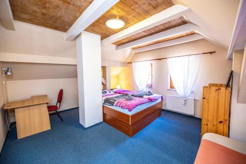 ein Schlafzimmer mit einem Bett und einem Schreibtisch in einem Zimmer in der Unterkunft penzion Hamerská Jizba in Nové Hamry