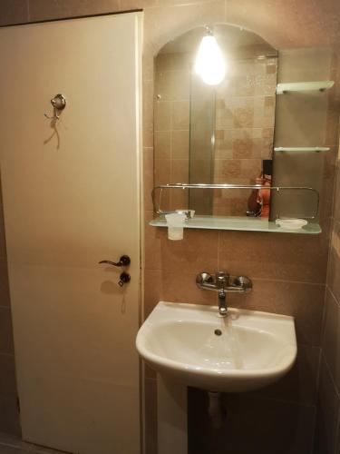 a bathroom with a sink and a door with a mirror at Villa Liana in Bozhurets