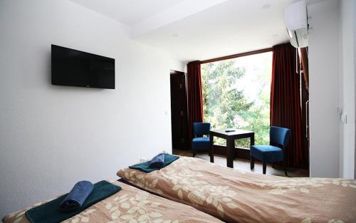a hotel room with two beds and a flat screen tv at Beautiful View Of Sarajevo Center in Sarajevo
