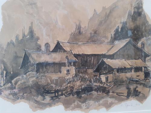 a painting of a house with a mountain in the background at Comfort Rooms Bruckner in Bad Gastein