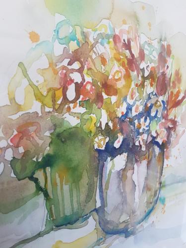 a painting of a vase with flowers in it at Comfort Rooms Bruckner in Bad Gastein