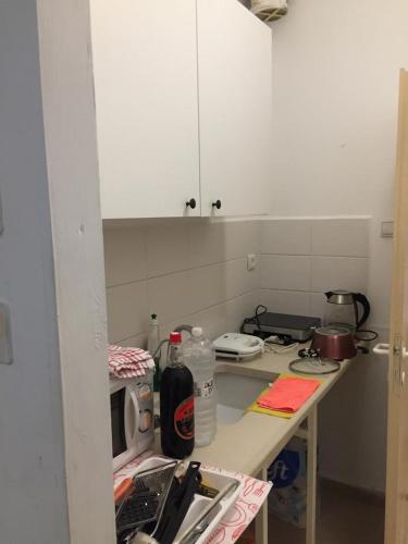 a kitchen with a counter with a sink and a microwave at בית מרום in Gan Shomeron