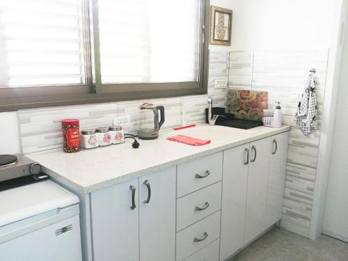 a kitchen with white cabinets and a sink at Carmela House in Arad