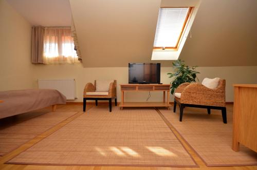 a living room with a television and two chairs at Art Garni Hotel in Kanjiža