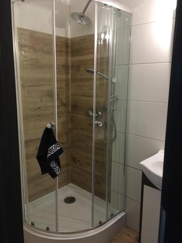 a shower with a glass door in a bathroom at Prima in Krynica Morska