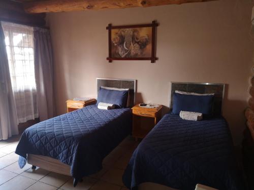 1 dormitorio con 2 camas con sábanas azules y ventana en Marietjies Guesthouse, en Ulundi