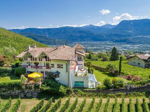 a house in a vineyard with mountains in the background at Hotel Mühle Mayer in Termeno
