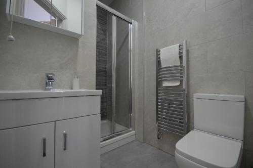 a bathroom with a toilet and a sink and a shower at Lexicon House - 4 bedrooms 3 bathrooms in Stoke on Trent